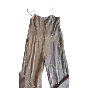 Anthropologie‎ Silver Sequin Jumpsuit Size 0 Lined Pockets Side Zip Ankle Length
